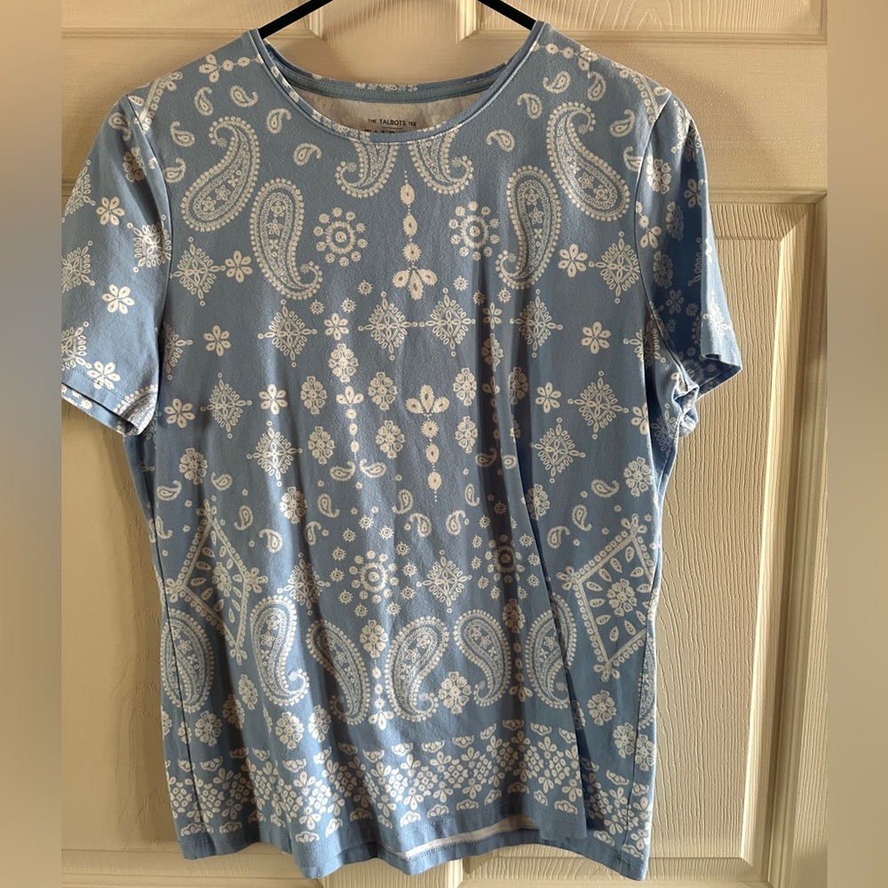 Talbots Paisley Print Tee Light Blue & White Short Sleeve Top Size L